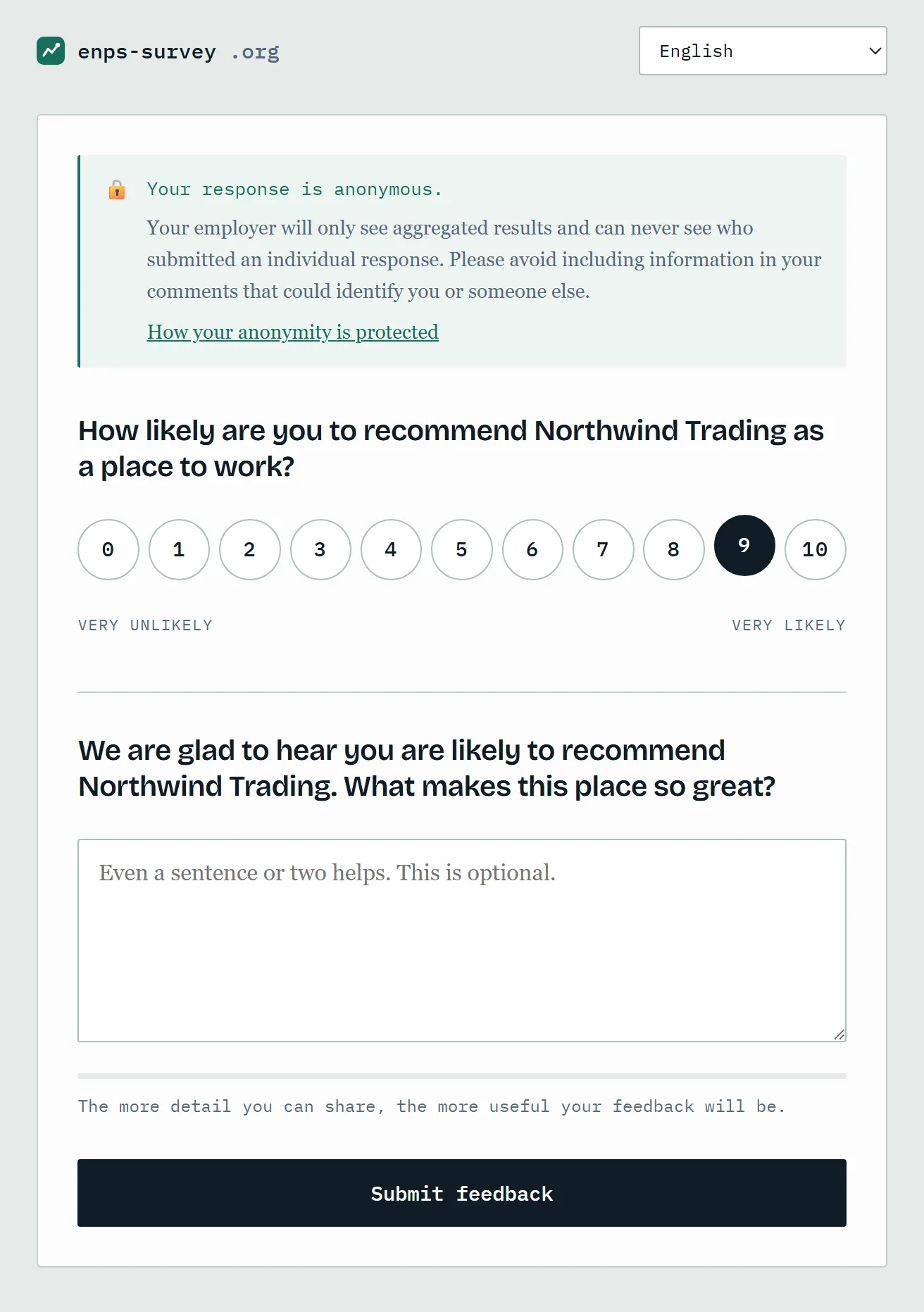The questionnaire as an employee sees it: a notice that the response is anonymous, the question — how likely are you to recommend your employer as a place to work — a row of buttons from 0 to 10 with 9 chosen, a follow-up question worded for that score, and an optional comment box.